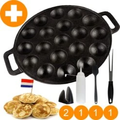 YUGN BLACK Poffertjespan Poffertjesmaker 6 Delige Set - 19 Poffertjes Incl Doseerfles Kwast Poffertjesvork Siliconen Ovenwanten - Platte Onderkant Poffertjespan Inductie Poffertjespan Elektrisch - Cadeau Tip