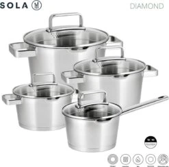 Sola Pannenset Diamond - 4 Delig - Ø 16,16,18,20 Cm - Zilver - RVS - Sandwichbodem -Pot Verkoopwinkel 1200x1183