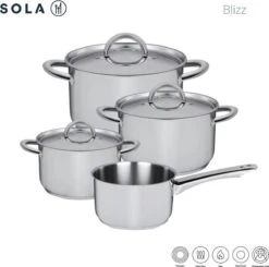 Sola Pannenset Blizz - 4 Delig - Ø Cm - Zilver - RVS - Sandwichbodem -Pot Verkoopwinkel 1200x1188