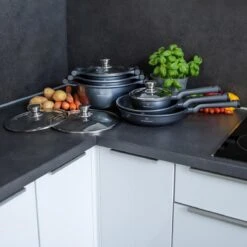 Herenthal Pannenset Inductie - Luxe 10-Delige Pannenset - Kookpotten Voor Alle Warmtebronnen - Kookpan - Pan Inductie Met Glazen Deksels En Koudgrepen - Grijs -Pot Verkoopwinkel 1200x1200 155