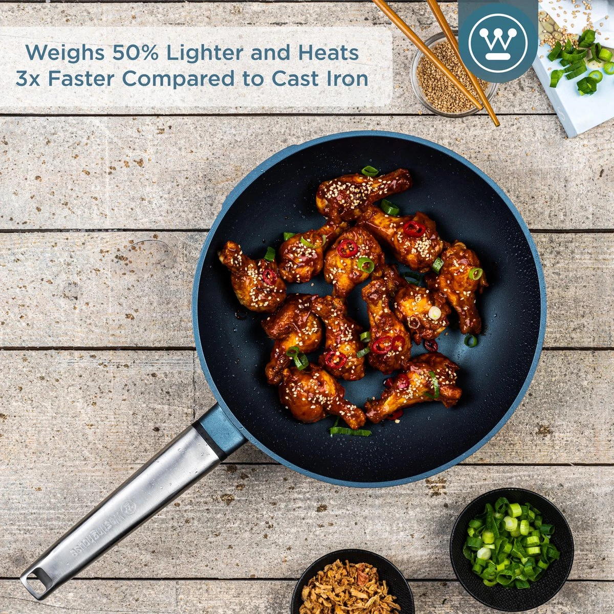 Westinghouse Performance Series - Wokpan Inductie - 28cm Luxe Wok Met Deksel - Blauw - Geschikt Voor Alle Warmtebronnen 9 Westinghouse Performance Series - Wokpan Inductie - 28cm Luxe Wok Met Deksel - Blauw - Geschikt Voor Alle Warmtebronnen - Afbeelding 8