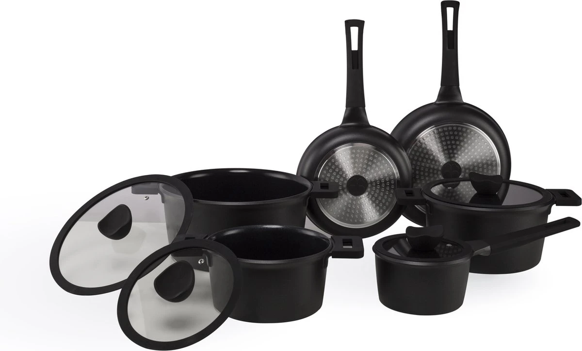 The White Series - Keramische Pannenset Met Glazen Deksels - Inclusief Set Vershoudbakjes - Zwart