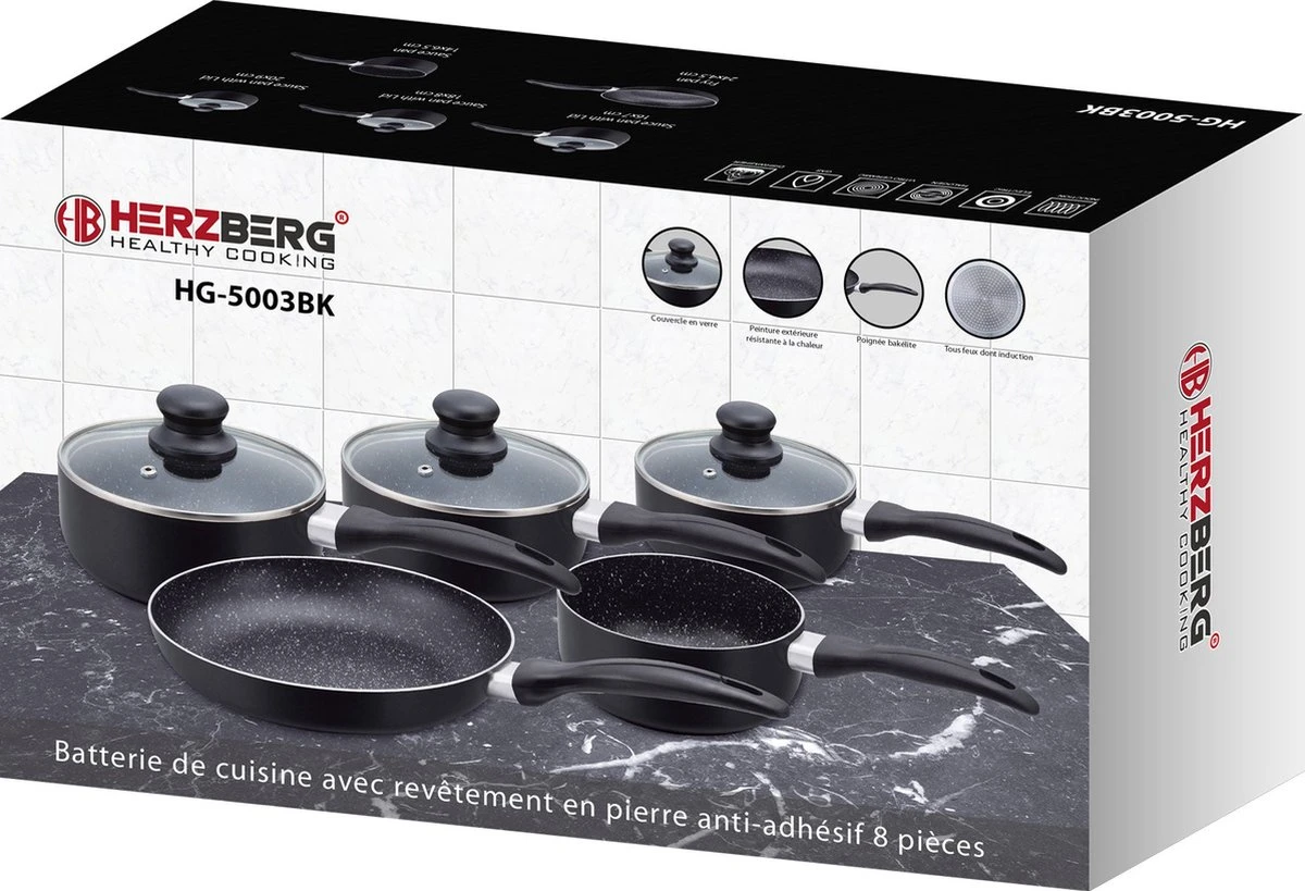 Herzberg HG-5003BK: 8 Pieces Marble Cookware Set - Black 6 Herzberg HG-5003BK: 8 Pieces Marble Cookware Set - Black - Afbeelding 4