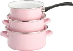 Lite-Body Pannenset - 3-delig - 2 Kookpannen & 1 Steelpan - Emaille - Serafijn Roze -Pot Verkoopwinkel 1200x836