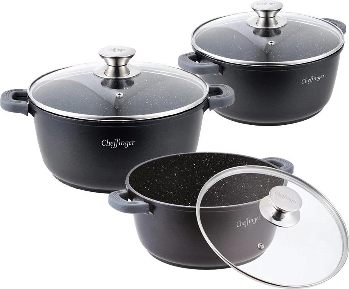 Cheffinger Pannenset 6-delig - Inductie - Met Deksels - Zwart - Koudgrepen - Ø20, 24 & 28 Cm 3 Cheffinger Pannenset 6-delig - Inductie - Met Deksels - Zwart - Koudgrepen - Ø20, 24 & 28 Cm