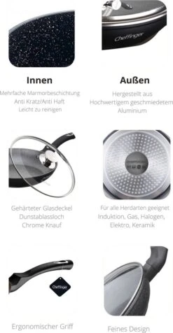 Cheffinger Koekenpan - Met Deksel - Marmeren Coating - 26 Cm - Zwart -Pot Verkoopwinkel 623x1200