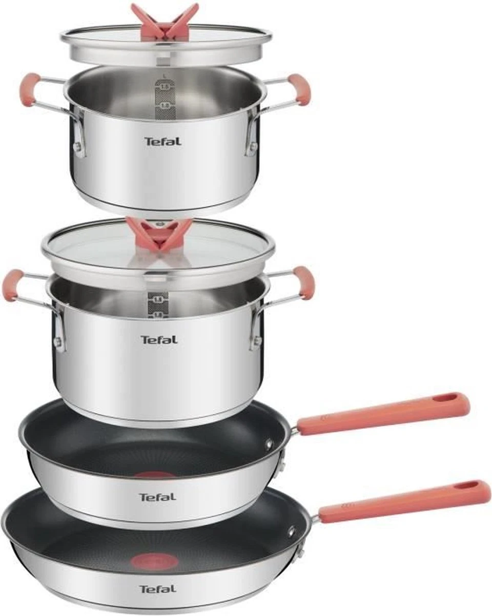 TEFAL G720S604 6-delige Stapelbare Pannenset OPTI'SPACE - RVS - Alle Kookplaten Inclusief Inductie
